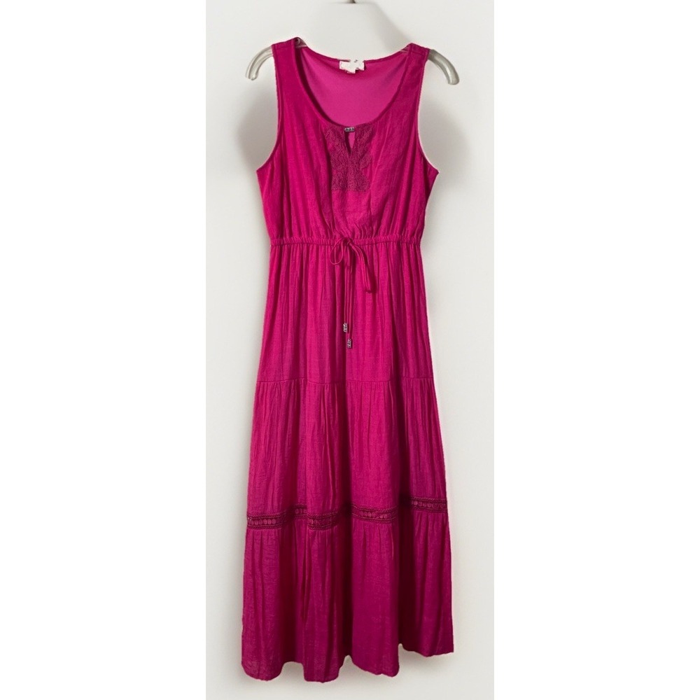 Indigo Rose Fuchsia Sleeveless Tiered Rayon Crochet Maxi Dress Women's Medium